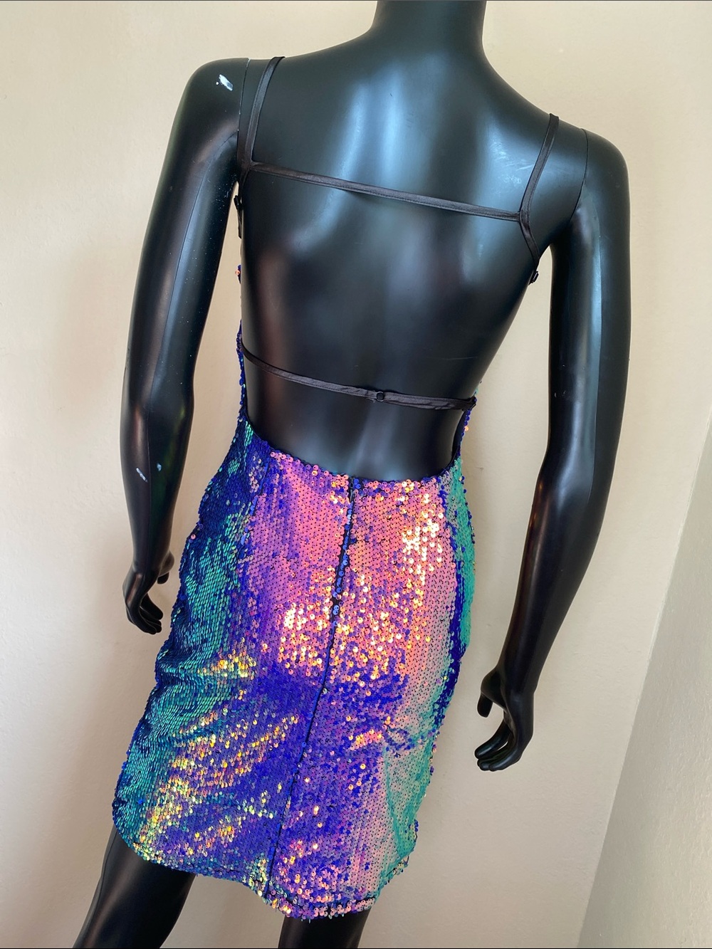 Iridescent Multi-Sequin Cowl Midi Dress - Black Straps - Picture 9 of 12